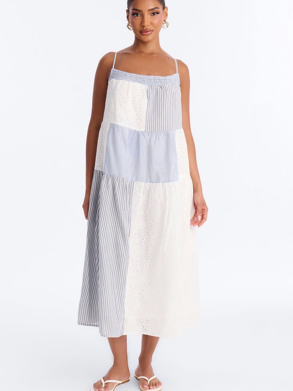 Fashion Nova Light Blue & White Patchwork Midi Dress